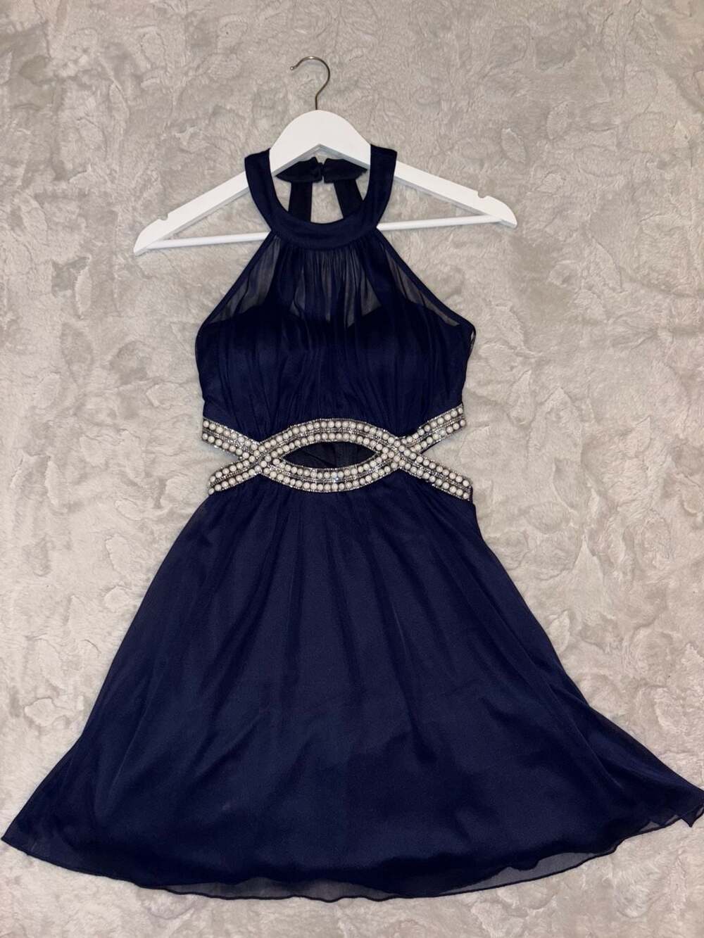 Speechless Navy Blue Halter Neck Cutout Embellished Chiffon Party Dress